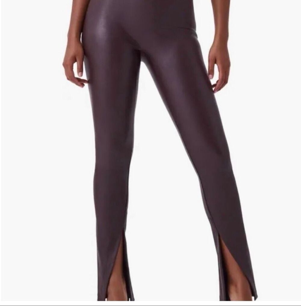 SPANX women’s Faux-Leather Leggings in Dark Brown with Front Slits